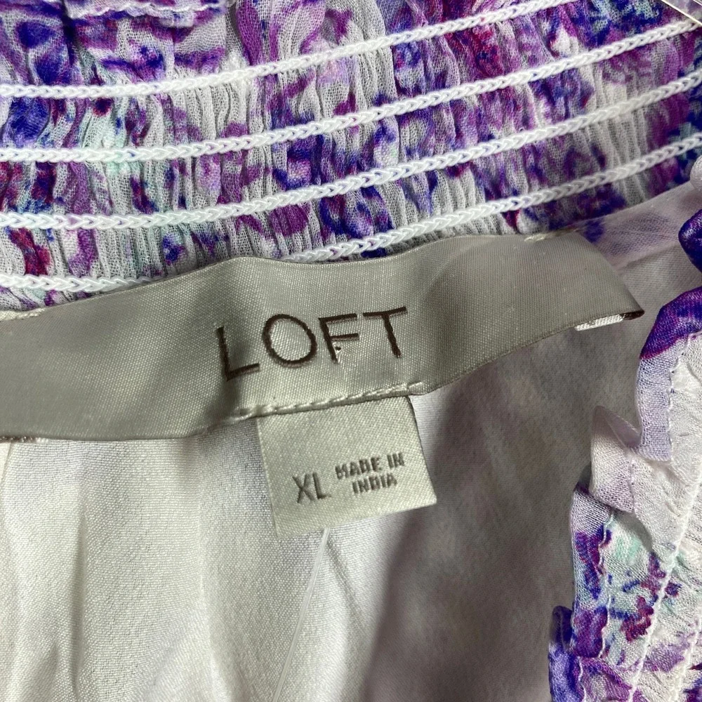 LOFT Blouse Women XL White Purple Floral Smocked Mock Neck Clip Dot Puff Sleeve